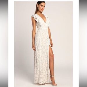 Elegant White Lace Maxi Dress This Moment in Time White Lace Ruffled Maxi Dress